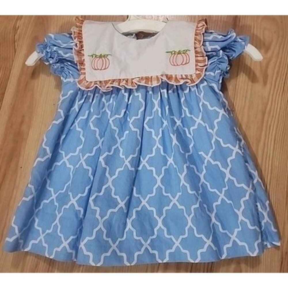 Adorable Babeeni 6 Month, cotton Blue, White Dress, W/embroidered Pumpkins, Fall